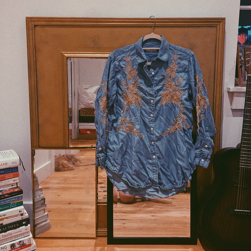 ZARA | Chambaray Shirt with Floral Embroidery